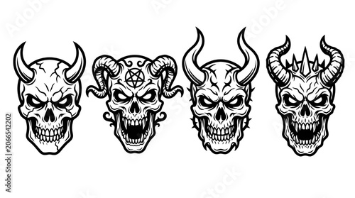 Fotografi Four Demonic Skulls with Horns and Symbols