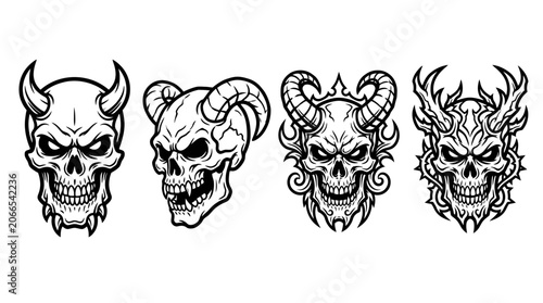 Fotografi Set of 4 Scary Demon Skull Illustrations with Horns