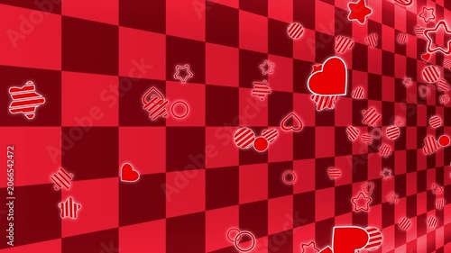 Red Checkered Background with Floating Hearts and Stars Loop Animation