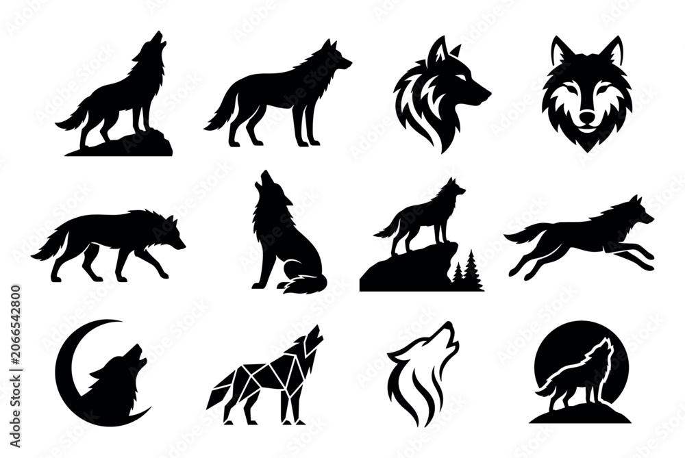 Obraz premium Wolf silhouettes in various poses including howling, running, standing, and head profiles, perfect for wild animal logos, tattoos, and graphic design elements