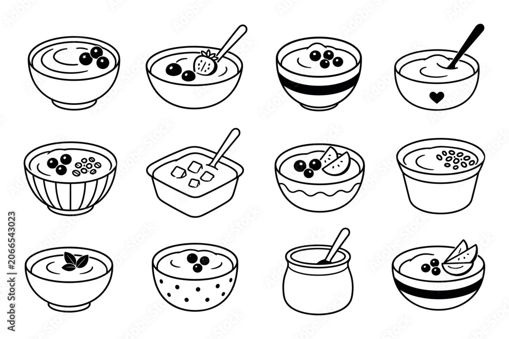 Fototapeta premium Yogurt bowl line art icon set featuring various healthy breakfast bowls with berries, fruit slices, granola, and spoons in a minimalist doodle style