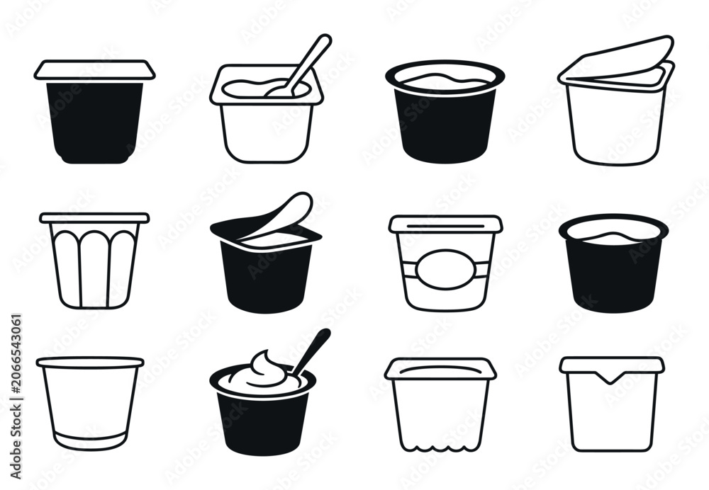 Fototapeta Yogurt cup icons and pudding container vector set featuring various plastic packaging designs with lids, spoons, and open foil covers for dairy products