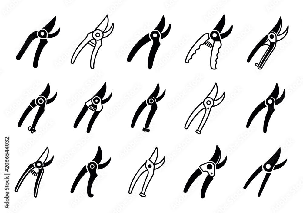 Naklejka premium Garden pruner icons set of secateurs shears for agricultural and horticultural work, featuring various designs of hand pruning shears and bypass clippers