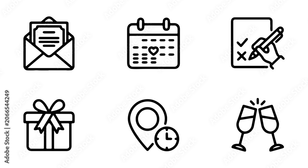 Obraz premium Event Icons Set: Invitation, Calendar, Checklist, Gift, Location, Celebration