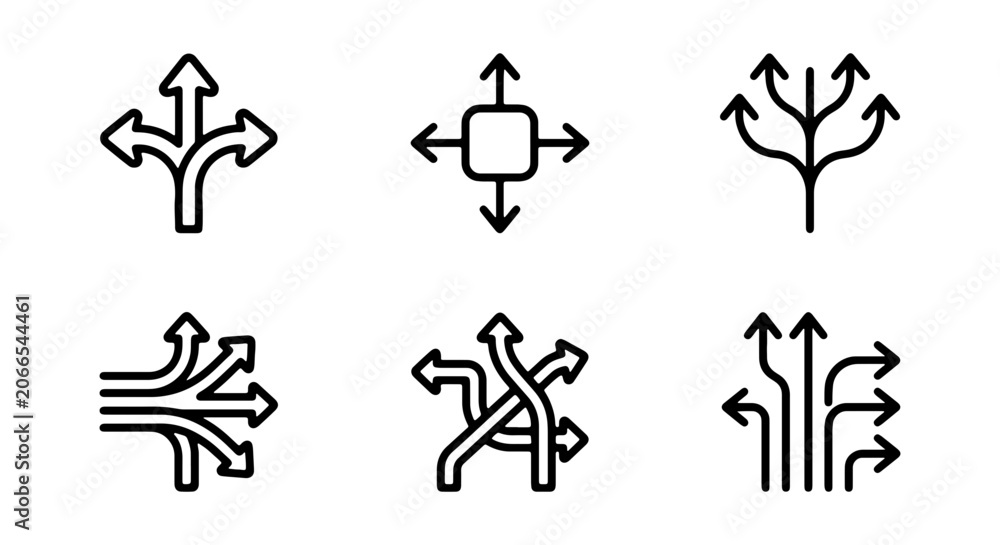 Fototapeta premium Directional Arrows Vector Icon Set, Multiple Path Choices, Decision Making, Navigation Symbols