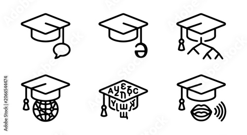 Photos Graduation Caps with Education Icons: Language, Globe, Alphabet, Speech Bubbles
