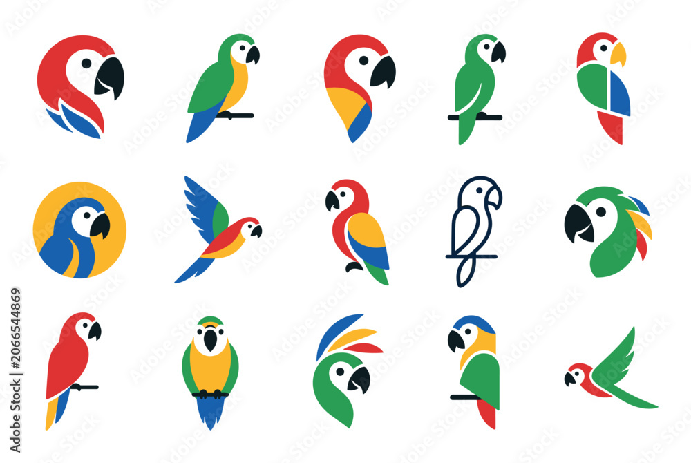 Fototapeta premium Colorful parrot logo icons and vector symbols featuring minimalist designs of macaws and tropical birds in various creative styles for branding and identity