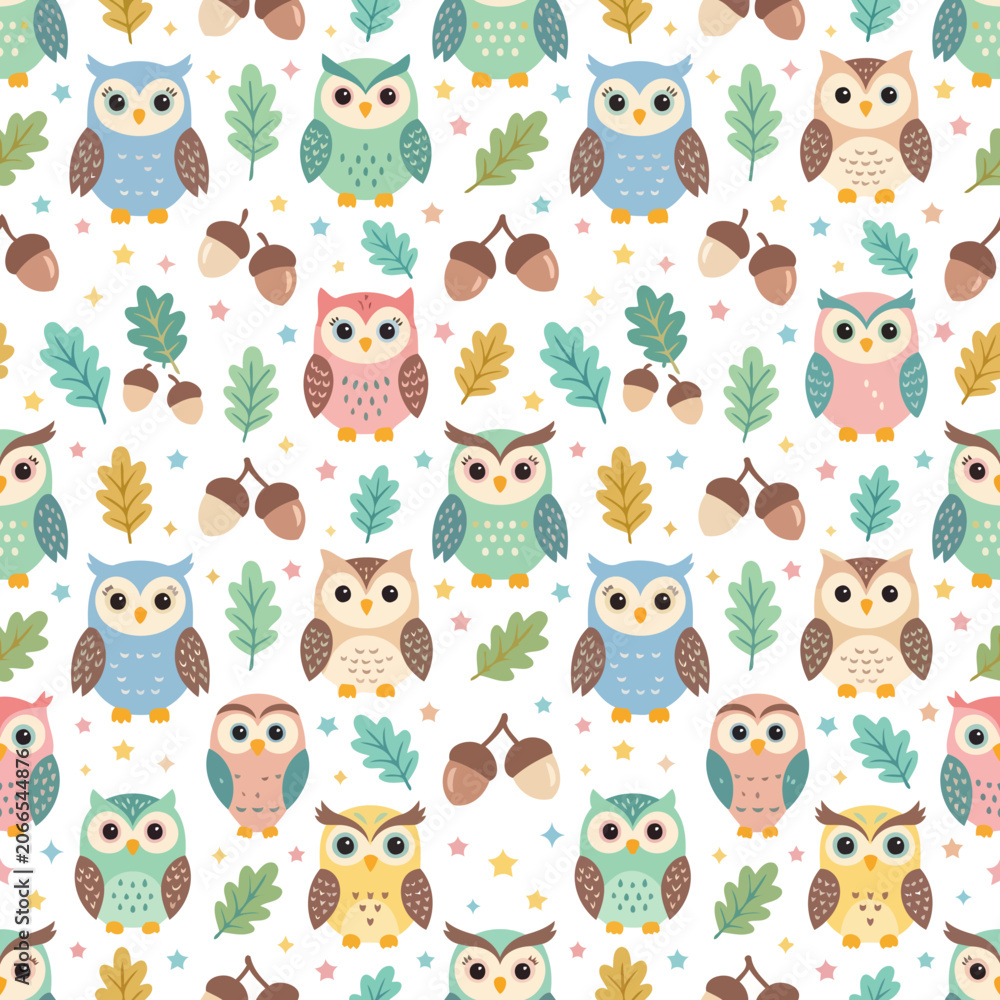 Fototapeta premium Seamless pattern of cute colorful owls, oak leaves, and acorns, nursery background for kids textile design