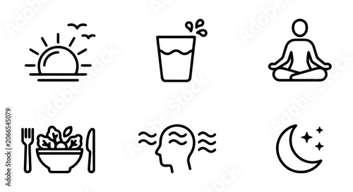 Slika na platnu Wellness Icons: Health, Hydration, Meditation, Nutrition, Sleep, Sunrise
