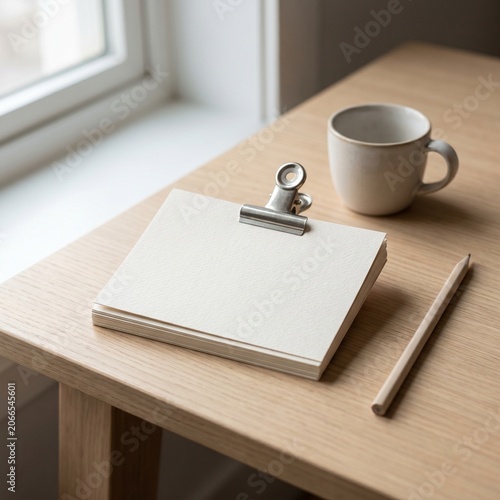 Cup of coffee and notebook on wooden desk morning work scene