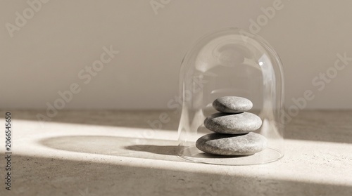 Light bulb resting among balanced zen stones and sand symbolizing calm harmony and nature’s balance of light and peace
