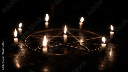 A pentagram drawn in a circle with lit candles arranged around it.