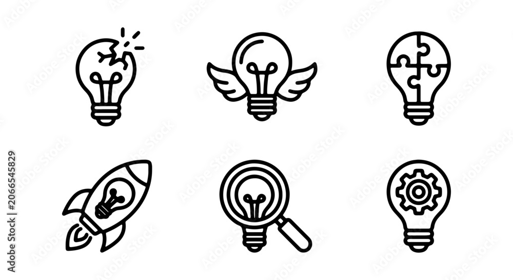 Naklejka premium Lightbulb Idea Icons: Innovation, Creativity, Solution, Discovery, Strategy, Success