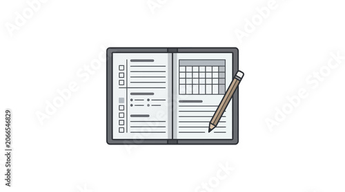Open Notebook With Checklist, Calendar Grid, And Pencil