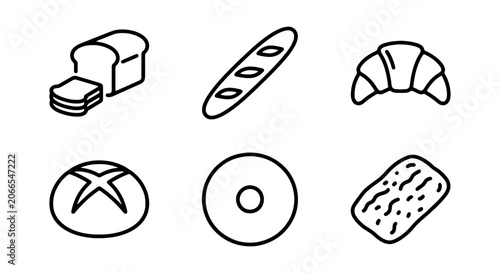 Fotografi Bakery Icons: Bread, Croissant, Baguette, Donut, Loaf, Pastry Vector Set