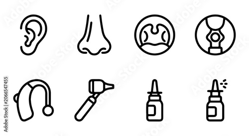 Schilderij op canvas ENT Medical Icons Set: Ear, Nose, Throat, Hearing Aid, Otoscope, Nasal Spray
