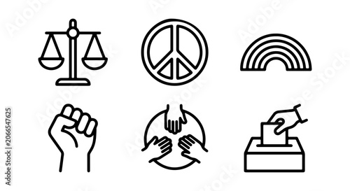 Social Justice Icons: Scales of Justice, Peace Symbol, Rainbow, Fist, Unity Hands, Voting Box