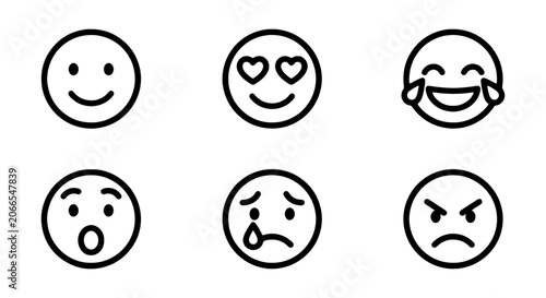 Fotografie Set of 6 Simple Emoji Icons, Expressing Emotions, Vector Graphics, Black and Whi