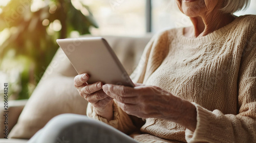 Close-up of an elderly woman interacting with an AI-powered healthcare assistant on a tablet, warm natural sunlight, modern home interior, digital caregiving, healthy aging, compas