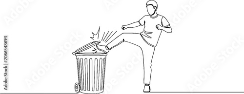 Man throwing trash into garbage bin outdoors.