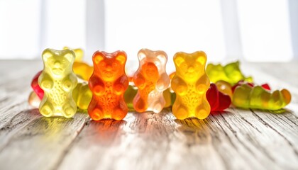 Vibrant assortment of sugared gummy bears in rainbow hues scattered across a wooden surface