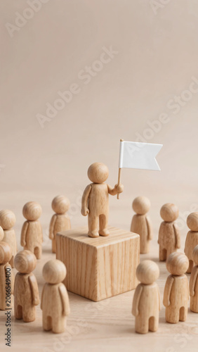 Wooden Leader Figure Holding Flag Standing Above Team Symbolizing Leadership Vision and Business Success
