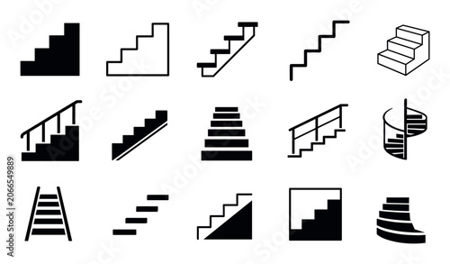 Stairs and staircase vector icons set showing various styles of steps, ladders, spiral stairways, and handrails for architectural and navigation design