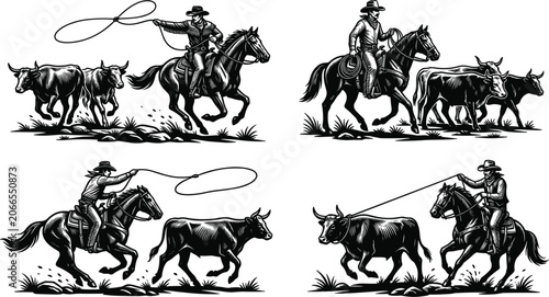 Photos Vintage Linocut Cowboy and Rodeo Lasso Vector Set with Ranchers Riding Horses He