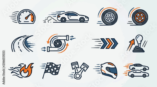 Foto Minimalist Icons Set Featuring Speedometer Car Tires Turbo Engine Race Flags and