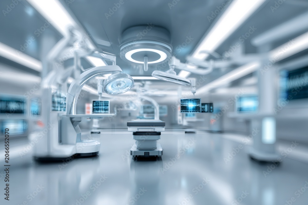 Fototapeta premium Futuristic operating room with advanced robotic surgical equipment. Modern hospital interior with high-tech medical technology. Healthcare and innovation concept
