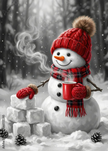 Cute Snowman Wearing Red Hat and Scarf Holding a Steaming Mug in Winter