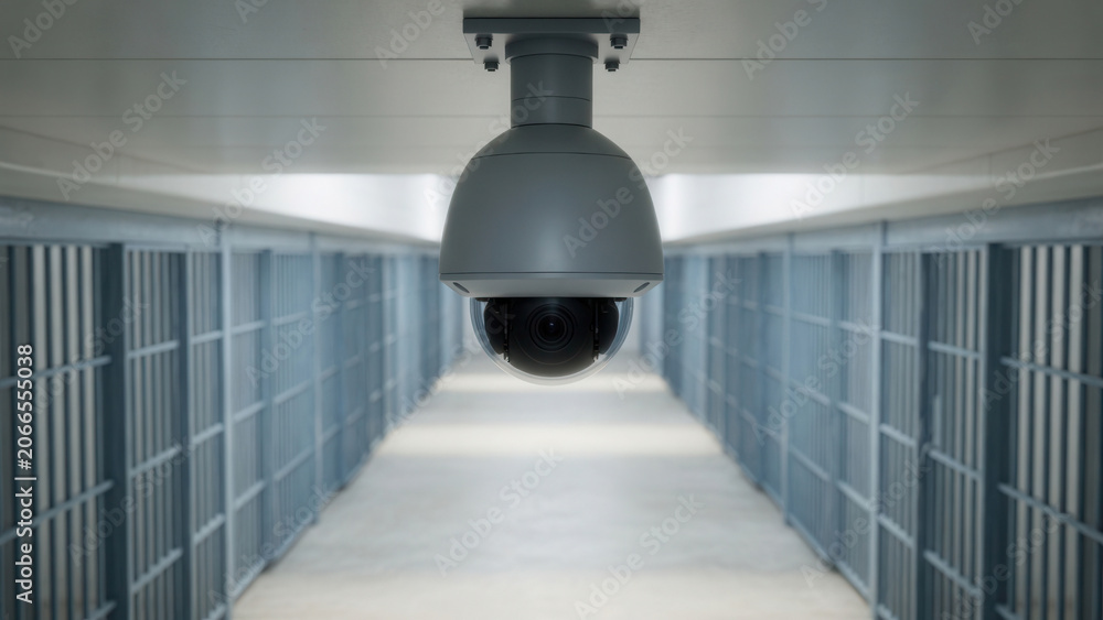 Security camera in prison cell block hallway, surveillance and control ...
