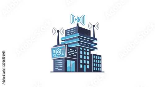 Modern data center building with signal waves