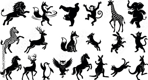 Photography Wild and domestic animal silhouette set featuring active dancing jumping elepha