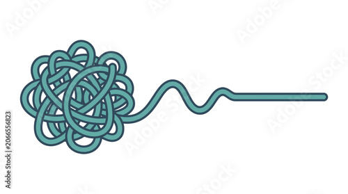 Teal-colored tangled cord with a single straight end on a white background in a minimalist graphic design.