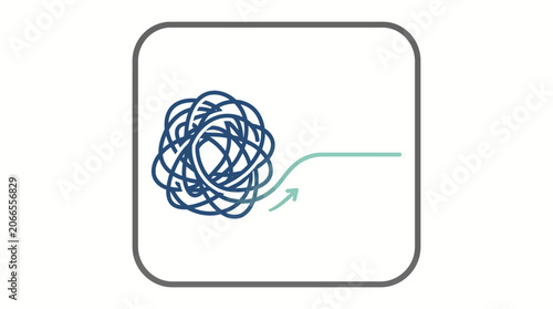 A simple illustration of a blue scribble maze with a green arrow pointing outwards in a rounded square frame on a white background.