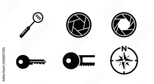 Icon Set: Camera Aperture, Key, Compass, Mirror