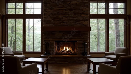 Cozy living room with stone fireplace and forest views.