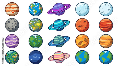 Planet Icons Set: Colorful Cartoon Solar System Planets Collection