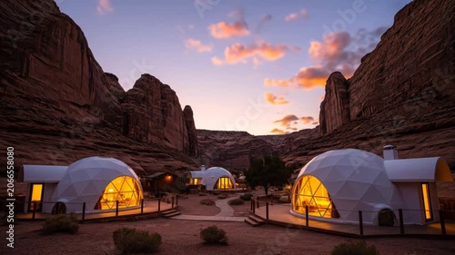 Luxurious Glamping Domes Nestled in Desert Canyons at Sunset.