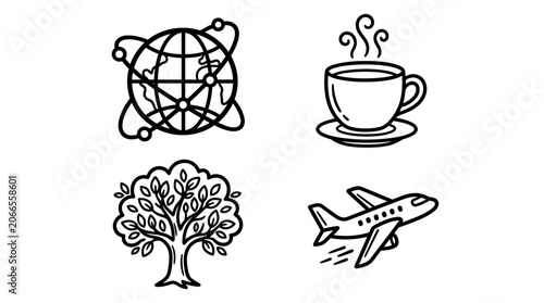 Global network, coffee, tree, and airplane icons: business and travel symbols
