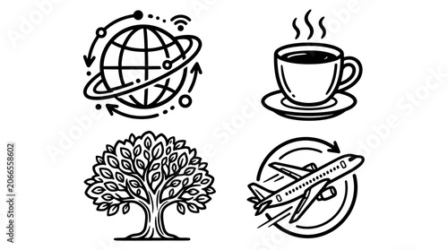 Set of 4 Icons: Global Network, Coffee Cup, Tree, Airplane Travel