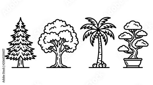 Diverse Tree Icons: Evergreen, Deciduous, Palm, Bonsai