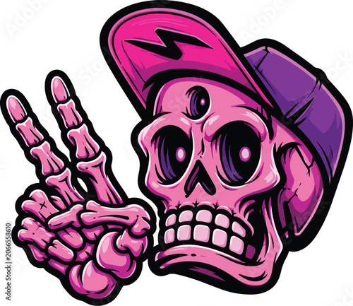 Colorful Skull Mascot Showing Peace Sign with Snapback Cap, Esports Gaming Logo Vector Illustration, Streetwear Sticker Design, Urban Skeleton Character Mascot Artwork