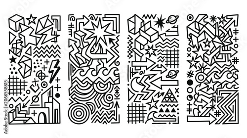 Abstract Geometric Doodle Pattern with Shapes and Symbols