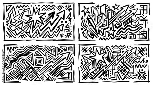 Abstract Doodle Art: Arrows, Stars, Geometric Shapes, Energetic Background