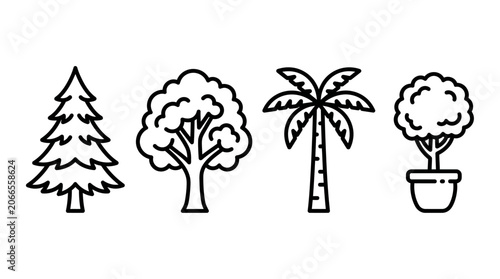 Set of four stylized trees icons, vector illustration