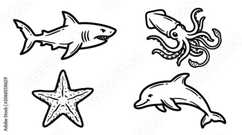 Hand-drawn marine animals: shark, squid, starfish, dolphin