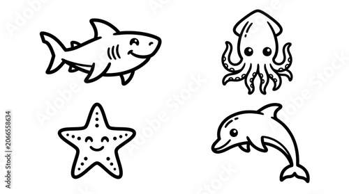 Cute Sea Animals Doodle Icons: Shark, Squid, Starfish, Dolphin