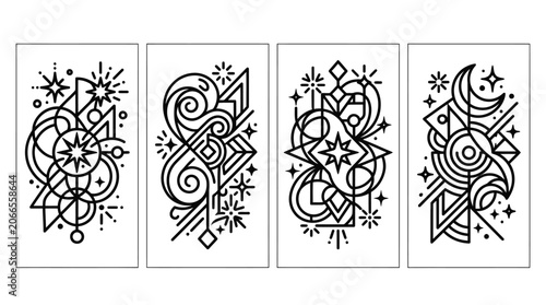 Abstract Geometric Shapes, Stars and Swirls Line Art Set
